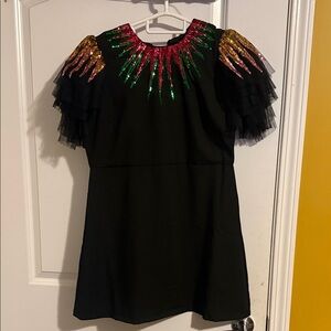 Black Party Dress with Pink & Green Sequin Neckline and Gold Accent TooleSleeves